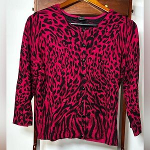 White House Black Market Women’s Large Red Black Leopard Button Cardigan Sweater